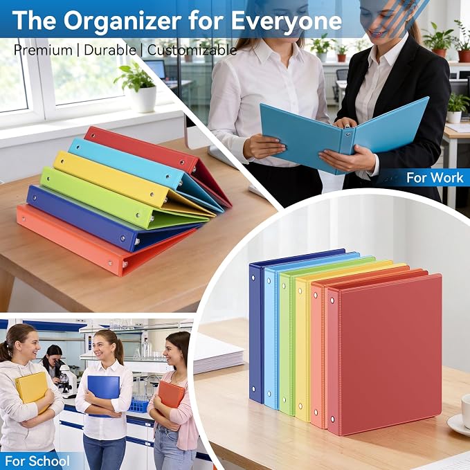 SUIN 1-inch 3 Ring Binder with 2 Interior Pockets, 1''Durable Binders Holds US Letter Size 8.5'' x 11'' Paper - Versatile Binders for Office, Home, and School Use, 6 Pack, Assorted Rainbow Colors