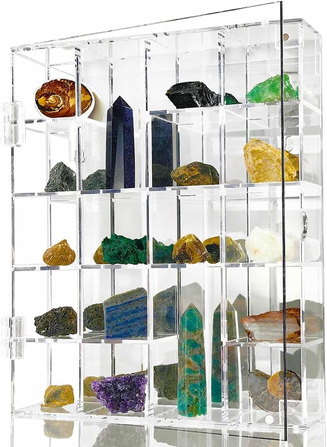 Adjustable Acrylic Rock Display Case Shadow Box with Shelves | Clear Storage Organizer for Mini Pop Figure, Collectibles, Mineral Crystal, Stones, Wall Mountable, with Mirrored & Lid
