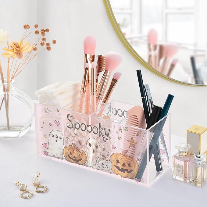Halloween Cartoon Ghost Clear Acrylic Cutlery and Pen Organizer, Acrylic Plastic Pencil Holder Square 4 Compartments Large Capacity Acrylic Pencil Holder Desk Pencil Organizer