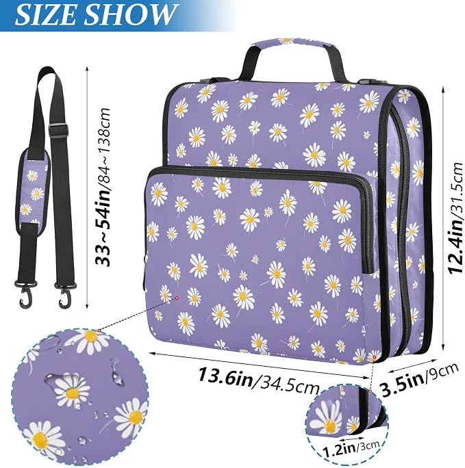 Aslsiy Zipper Binder for Girls Boys White Flowers 1.5 inch 3-Ring Binder Organizer Purple Field for School Office Supplies