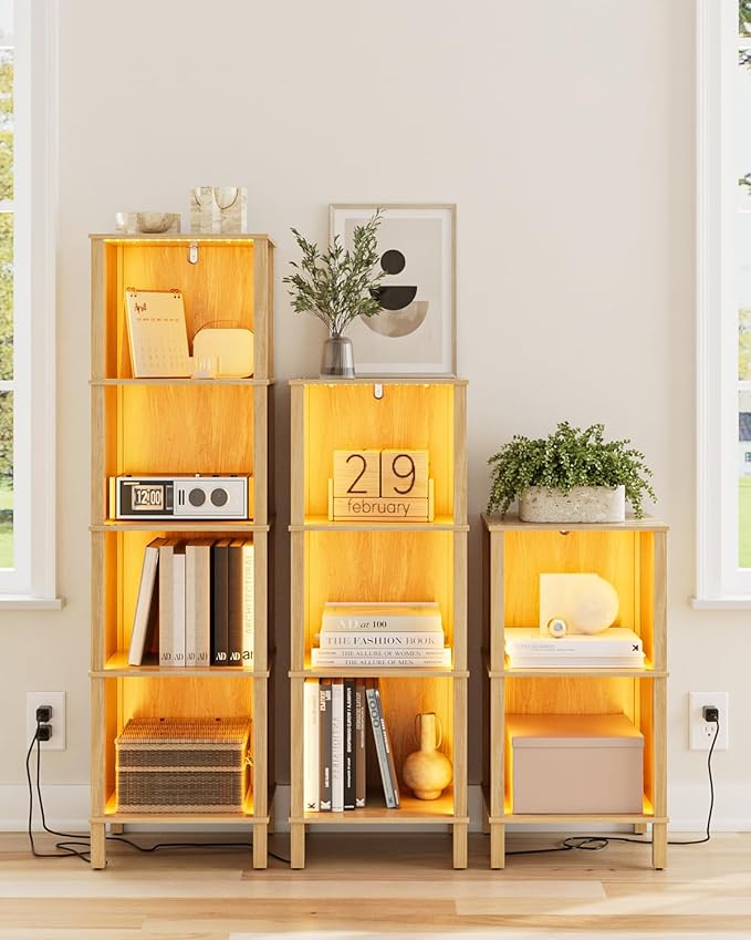 Bookshelf with LED Lights, Modern 3-Tier Bookcase, Open Storage Book Shelf, 11 × 14.2 × 38.9 Inches, Small Narrow Bookshelves for Living Room, Home Office, Bedroom, Natural
