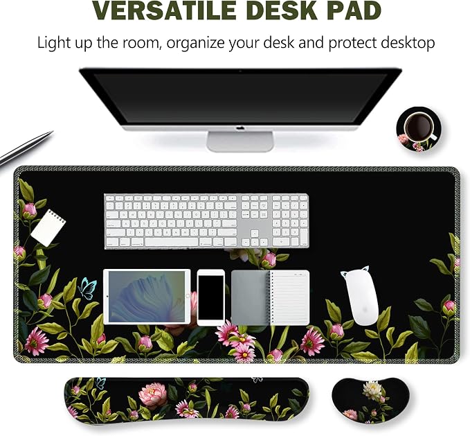Gaming Mouse Pad Wrist Support Set, XXL Large Desk Mat Mousepad + Keyboard Wrist Support+ Mouse Wrist Rest+Coaster 4in1 Ergonomic, Stitched Edge for Home Office -Flowers and Butterflies