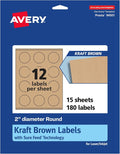 Avery® Kraft Brown Round Labels, Sure Feed® Technology, 2" Diameter, 180 Kraft Brown Labels, Print-to-The-Edge, Laser/Inkjet Printable