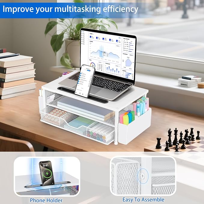 AUPSEN White Monitor Stand Riser, 2-Tier Wood Computer Desk Organizer with Drawer, Pen Storage & Phone Holder, Office Desk Accessories Desktop Organizer for Office Supplies (White)
