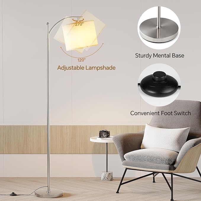 SUNMORY Arc Floor Lamp, Modern Floor Lamp with 9W 3 Color Temperatures Bulb | Metal Standing Lamps with Adjustable Hanging Lampshade,Tall Floor Lamps for Living Room,Bedroom, Office, Nickel
