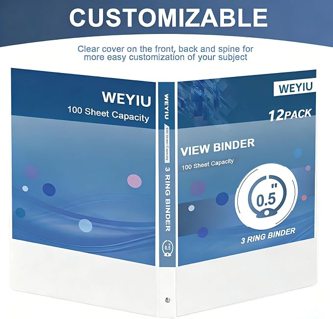 0.5 Inch 3 Ring Binders, 12 Pack White Slim Binders with Clear View Covers and 2 Interior Pockets, Half Inch Round Ring Binder Holds 100 Sheets of 8.5 x 11 Inch Paper
