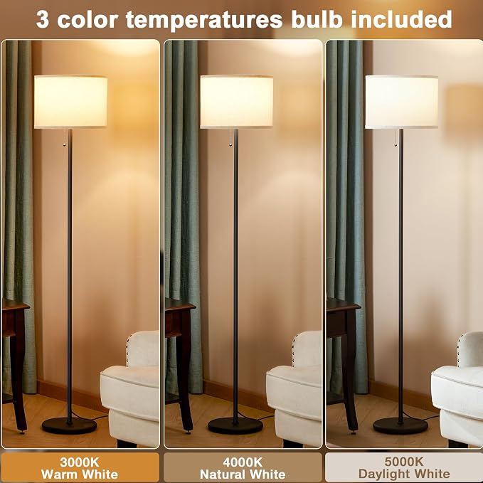 Modern Standing Floor Lamp for Living Room & Bedroom with 3 Color Temperatures Bulb & Pull Chain Switch, 60" Tall with Beige Shade & Black Pole
