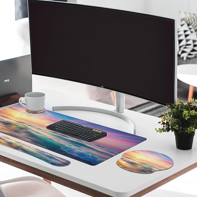 Keyboard Mouse Pad Set, 4 in 1 Desk Mat Set, Sunset Beach | Large Mousepad+Keyboard Wrist Rest+Mouse Wrist Rest+Coaster Ergonomic Design for Home Office Computer