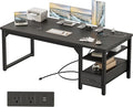 63" Computer Desk with Drawer, 1.2" Thick Reversible Office Desk | Modern Writing Table with Power Outlets & Storage Shelves, Heavy Duty Industrial Executive Desk for Home Bedroom Study Work