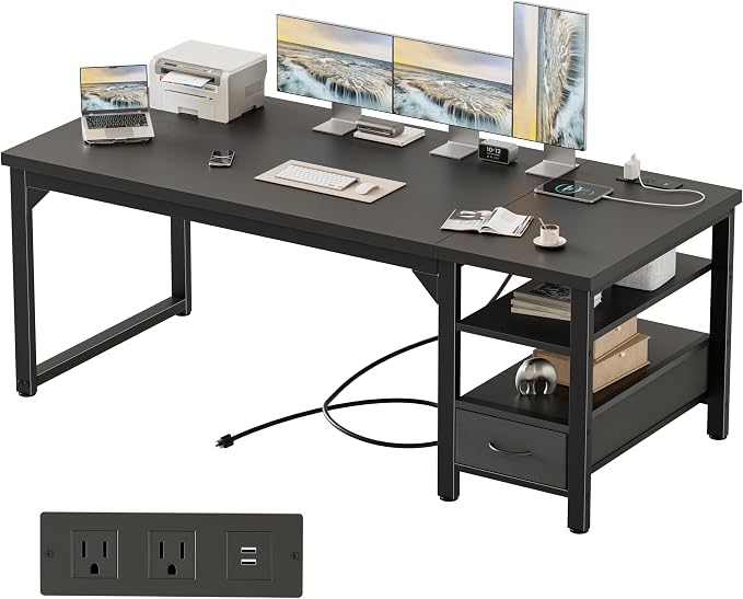 63" Computer Desk with Drawer, 1.2" Thick Reversible Office Desk | Modern Writing Table with Power Outlets & Storage Shelves, Heavy Duty Industrial Executive Desk for Home Bedroom Study Work