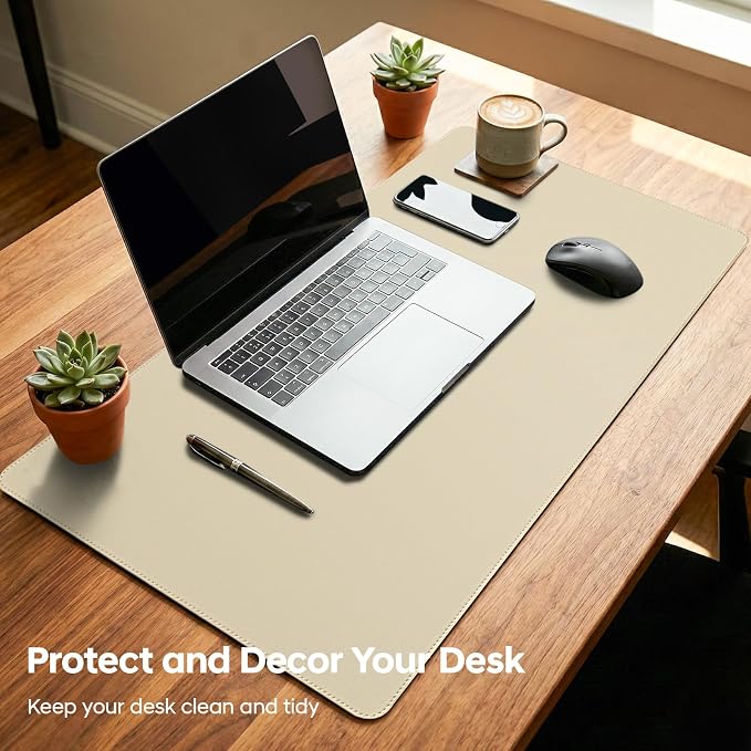 Leather Desk Pad Protector, Office Desk Mat, Large Mouse Pad, Non-Slip PU Leather Desk Blotter, Waterproof Computer Desk Writing Pad for Office and Home (Beige, 36" x 17")