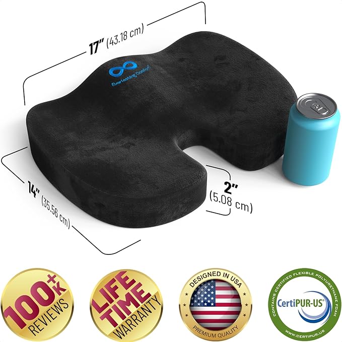 Everlasting Comfort Doctor Recommended Memory Foam Seat Cushion for Office Chairs & Car - Ergonomic Office Desk Accessories - Cushions for Tailbone Pain Relief, Sciatica (Black, Large)