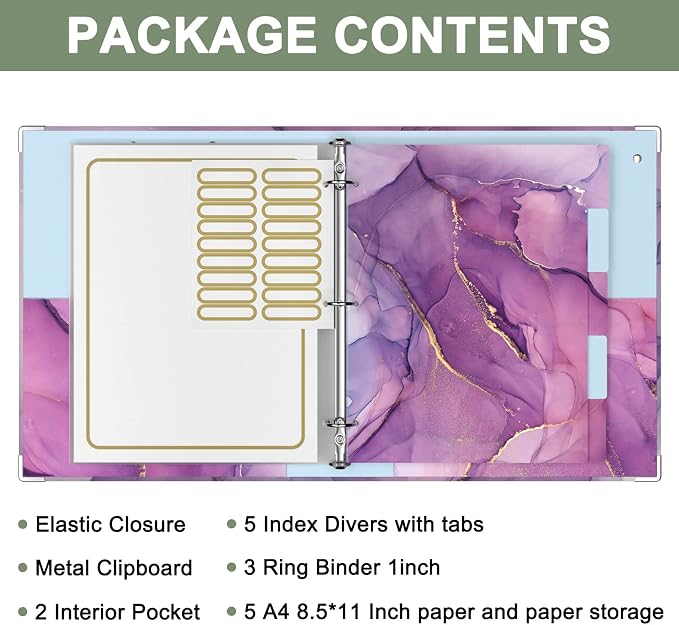 Rouidr 3 Ring Binder with clipboard, 1 inch 8.5 x 11 in Letter Size View Binders Organizer with Dividers Tabs & Clear Sleeves, School Supplies, Office Supplies, Purple Marble