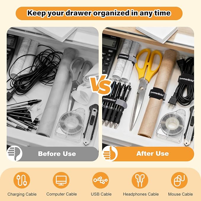 SummerBrite 70 Pack Black Cable Ties 6 Inch with Writable Labels, Reusable Cable Management Straps, Hook and Loop Cord Organizer for Home Office, PC Desk Setup, Electronics & Travel Wire Management