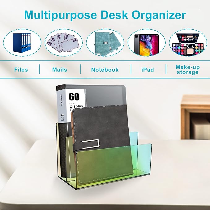 Boloyo Acrylic File Holder,1PC 2 Sections Rainbow File Organizer Mail Letter Sorter Desktop Folder Holder for Home Office School Envelope Bill Filling Paper Document