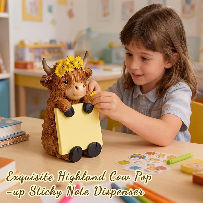 Thenshop Back to School Sunflower Highland Cow Pop up Sticky Note Dispenser | Fall Resin Highland Cow with 100 Sheets, Sticky Note Holder, 3 x 3 Inch, Highland Cow Desk Accessories, Classroom School Gift