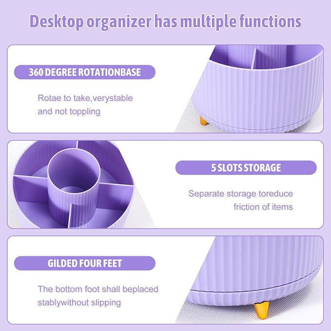 Gawsey Purple Desk Organizers and Accessories with Desk Organizer 360° Rotating Pen Holder and Office Supplies, Cute Stationery Supplies Set