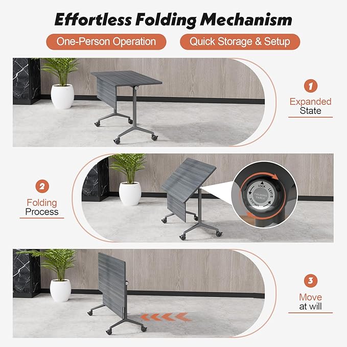 Goakwwuz Conference Room Table, Folding Conference Tables,Thicken Grey Tabletop,Flip Top Wooden Seminar Meeting Room Table for Conference Room Offices (2, BlackWoodGrain, 47.2“)