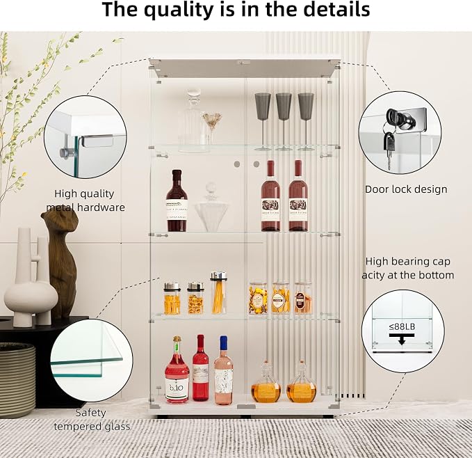 FLYMUHJIA Glass Display Cabinet Kitchen Pantry Storage Cabinet Corner Bar Cabinet with Four Level Double-Door, 64”hx32''lx 14''w White