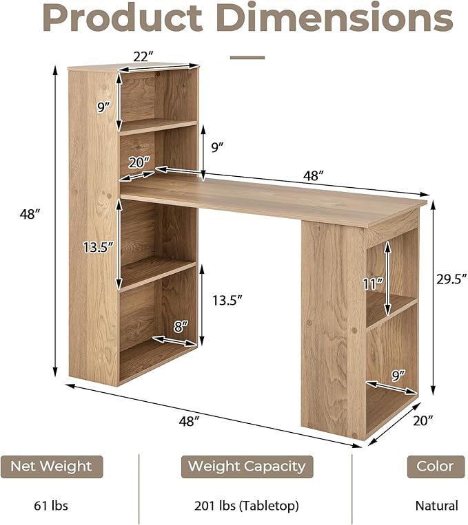 GRAFFY Computer Desk with 6 Storage Shelves - 48" Reversible Writing Desk Workstation with Bookshelf and CPU Stand, Modern Compact Office Desk for Bedroom, Study, Home, Office (Natural) | Reversible Writing Desk with 6 Storage Shelves, Modern Compact O...