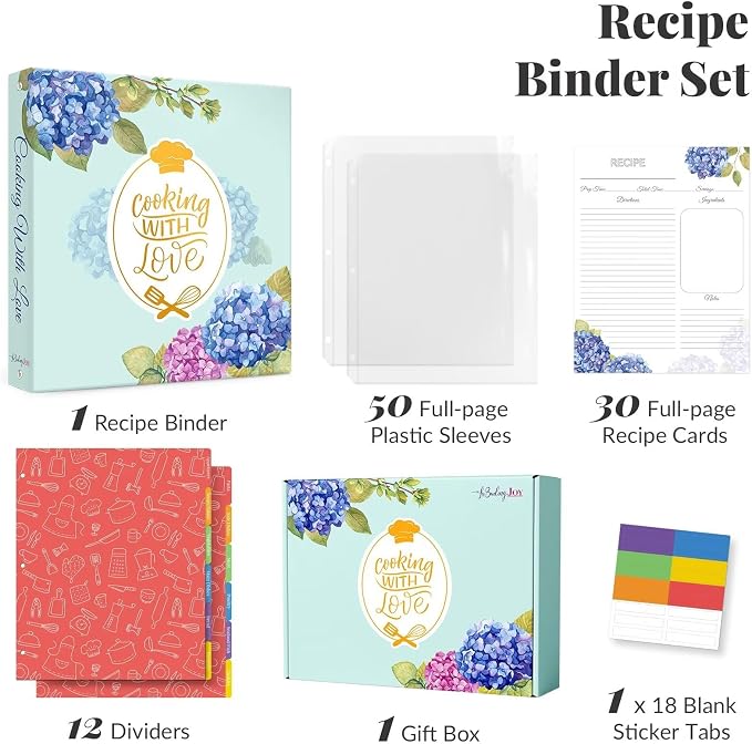 Recipe Binder 8.5x11 3 Ring with Plastic Sleeves, Blank Recipe Book Binder | Waterproof recipe binder 8.5x11 with plastic sleeves, recipe cards and gift box to make your own cookbook(Blue Hydrangea).
