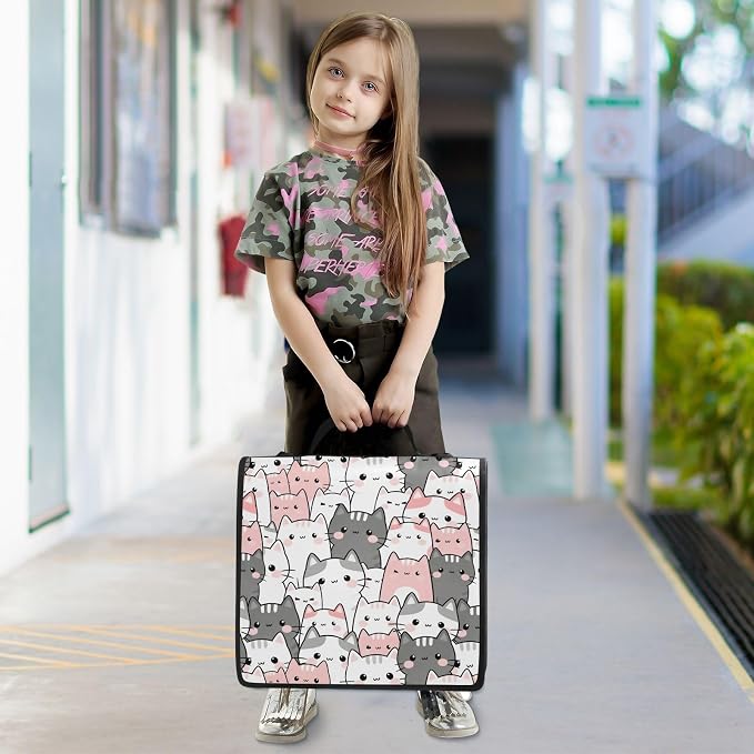 Custom Cute Cats Grey Pink 3 Ring Binder Bag 1.5 inch Personalized Name Binder Organizer 500 Sheet Documents Storage for School Office