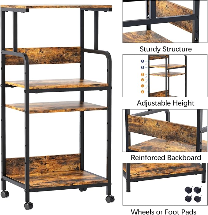 Arbuxzuy 4 Tier Printer Stand with Storage Shelf, Large Tall Printer Cart with Wheels, Mobile Printer Table for Home Office, Adjustable Stands for Heat Press Scanner Fax (Brown)