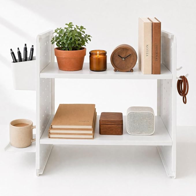 Desktop Shelf Organizer,White Desk Shelf for Dormitory Office | Shelf for Top of Desk with Pegboard Accessories,Bookshelf Supplies Storage Rack Freestanding Display for Dresser Home,2 Tier