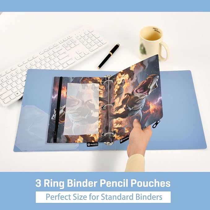 Dinosaurs Roar Pencil Pouch for 3 Ring Binder, 2 Pack Waterproof Pencil Bags Clear Window Zipper School Office Supplies