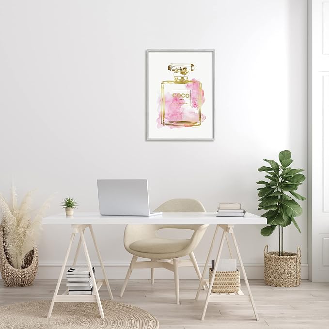 Stupell Industries 'Glam Perfume Bottle Gold Pink', Framed Giclee Art, Gray, 24 x 30 Inches, Easy to Hang and Sturdy, Made in USA, by Amanda Greenwood | Stupell Industries | Gray, 24 x 30 Inches, Easy to Hang and Sturdy, Made in USA, by Amanda Greenwood