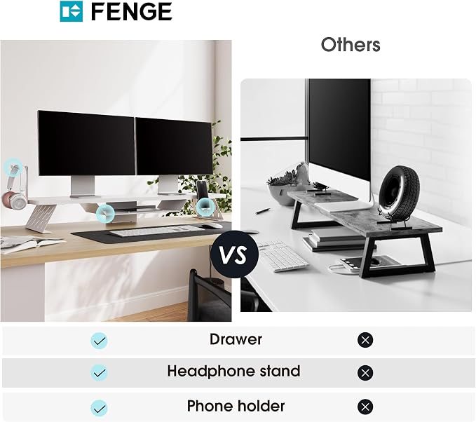 Fenge Dual Monitor Stand, Wooden Desk Shelf with Headphone & Phone Holder | 42.5" Monitor Riser with Storage Shelf, 2-Tier Monitor Shelf with Metal Leg for Home Office Organizer, White
