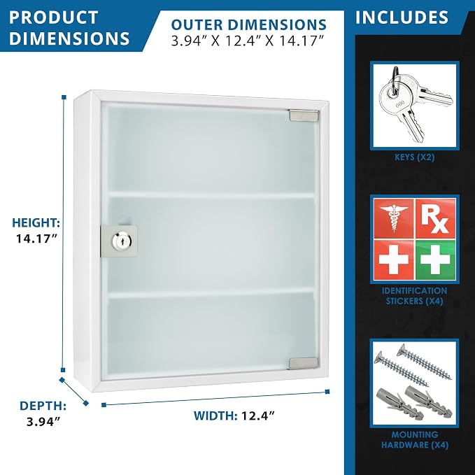 Barska Wall Mount Medical Security Cabinet with Key Lock – Standard Size, Includes Magnetic Erase Pad for Medications, First Aid, or Supplies - Medicine Cabinet Organizer - Medicine Storage Glass