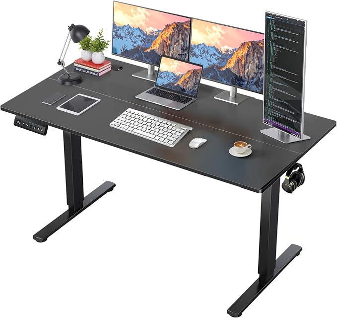55 x 24 in Electric Standing Desk - Memory Height Adjustable | Ergonomic Sit-to-Stand Rising Computer Table Gaming Workstations with 2 Hooks and Wire Hole for Home Office, Black
