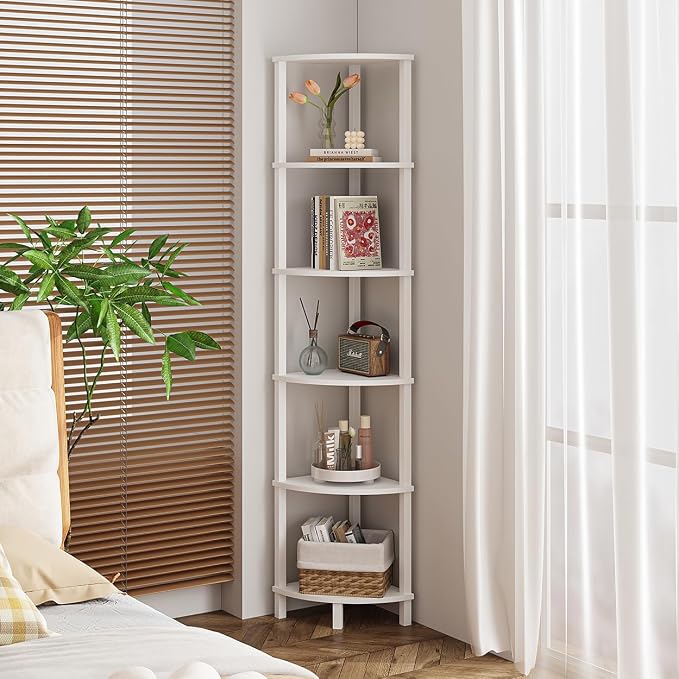 VIMBER Corner Shelf, 6-Tier Corner Bookshelf, Industrial Corner Ladder Shelf, DIY Storage Shelves, Modern Display Shelf for Living Room, Bedroom, Kitchen, Home Office, White UJSJ004W
