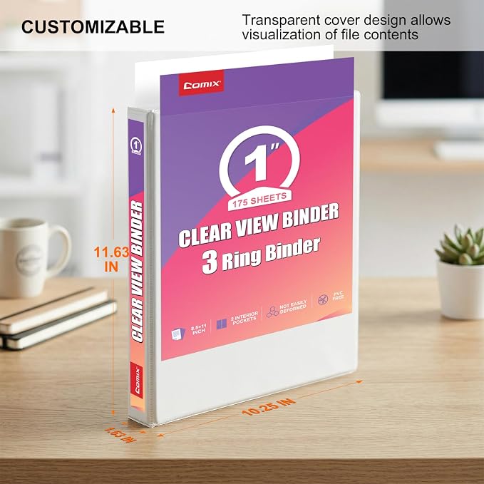 Customizable Round Ring Binder, 1 Inch 3 Ring Binder, Minimalist PVC-Free Binder with Clear View Cover, Lay-Flat Design for Everyday Document Organization at Home, School & Office