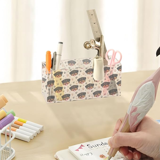 Rottweiler Dog Paw Print Acrylic Pencil Pen Holder Desk Accessories Holder, Cosmetic Brush Organizer Modern Design Desktop Stationery Organizer for Office School and Home 7.87 x 2.48 x 3.54 In
