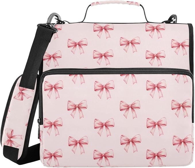 Pink Ribbon Bow Print Zipper Binder Bag 3 Ring with Shoulder Strap & Handle Multi Pocket Binder Organizer Bag Large Capacity for School Office Supplies