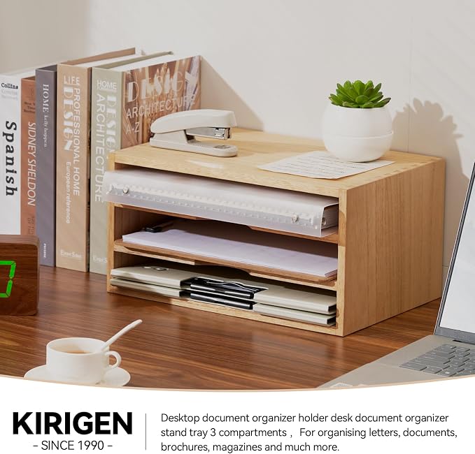 KIRIGEN Wooden Desk Organizer 3-Tier Letter Tray and Paper Sorter, Natural | Solid Wood Paper Tray Document Holder Organizer for Letters, Files, Folders, Mail, Magazines and Office Supplies