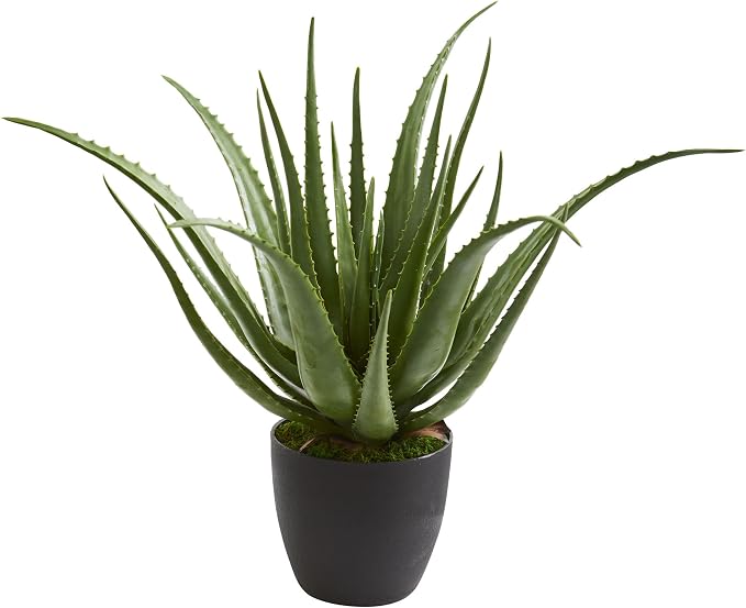 Nearly Natural 26 in Artificial Aloe Plant with Pot Room Decor | 25 Spiky Green Leaves, Nursery Pot Included, Perfect Accent for Bathroom Vanity or Home Office Decor