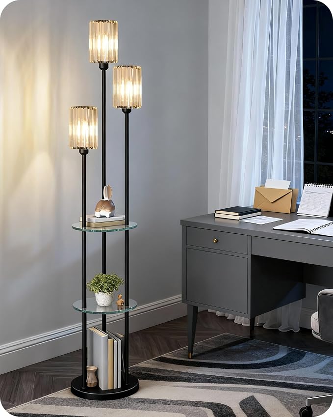 Black Floor Lamp with Shelves, Modern Floor Lamp with 3 Crystal Shades and Foot Switch, 3-Light Standing Lamp, for Living Room, Bedroom, Study, Office, Black B53LD05