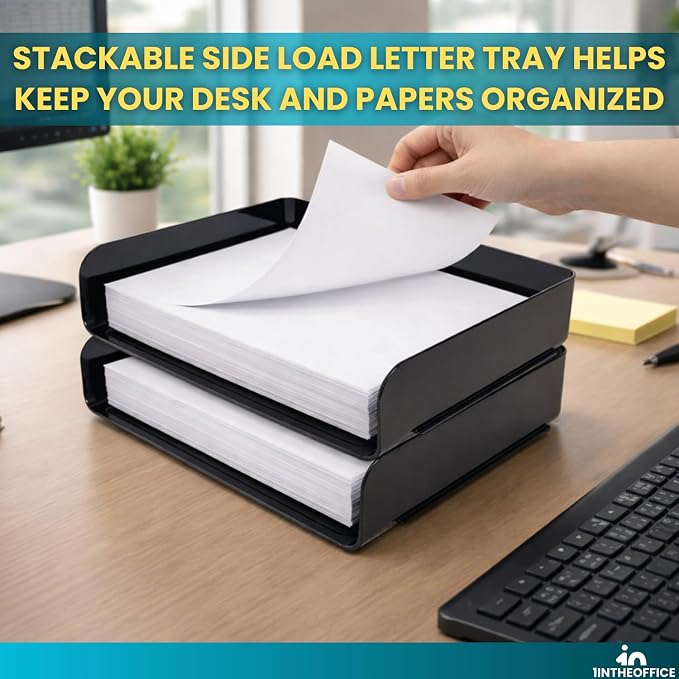 1InTheOffice Stackable Paper Tray Organizer, Plastic Letter Tray, Office Desk Tray, Black (4Pack)
