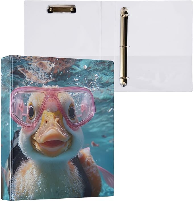 3 Ring Binder Funny Duck Blue Ocean 1.5 inch Binders Three Ring Binders with Clipboard Fit 8.5'' x 11'' Paper 3 Interior PVC Clear Pockets for Office Supplies