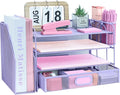 Desk Organizers and Accessories with File Holder, 4-Tier Paper Letter Tray Organiser with Drawer and 2 Pen Holder, Mesh Desktop Document Organizer for Office Supplies, Workspace - Purple
