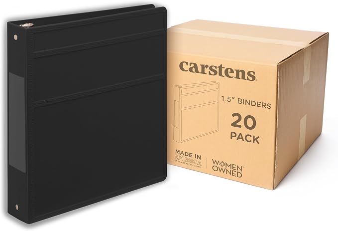Carstens 1.5-Inch Heavy Duty 3-Ring Binder - Side Opening, Black, Durable Plastic, No-Gap Rings, Waterproof Covers, No Pockets, Holds 250 Letter-Size Sheets, BPA-Free, Made in USA (2070-3R) Case of 20