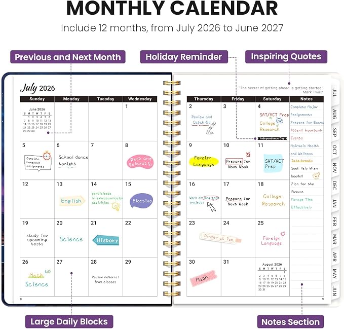 Planner 2026-2027, Academic Year Monthly & Weekly Planner Caledndar, July 2026 - June 2027, Hardcover Large Planning Agenda Book with Tabs for School Office Supplies, 8.5" x 11" - Starlit Waters