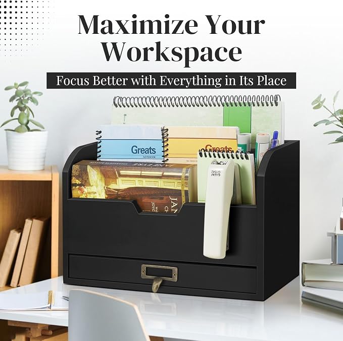 Flexzion Wood Desk Organizer, 3-Tier Mail Organizer w/Drawer, Light Brown | Countertop Bill and File Organizer with 3 Compartments, a Drawer, and 12-Inch Inner Width for A5 Paper and Us Letter Folders