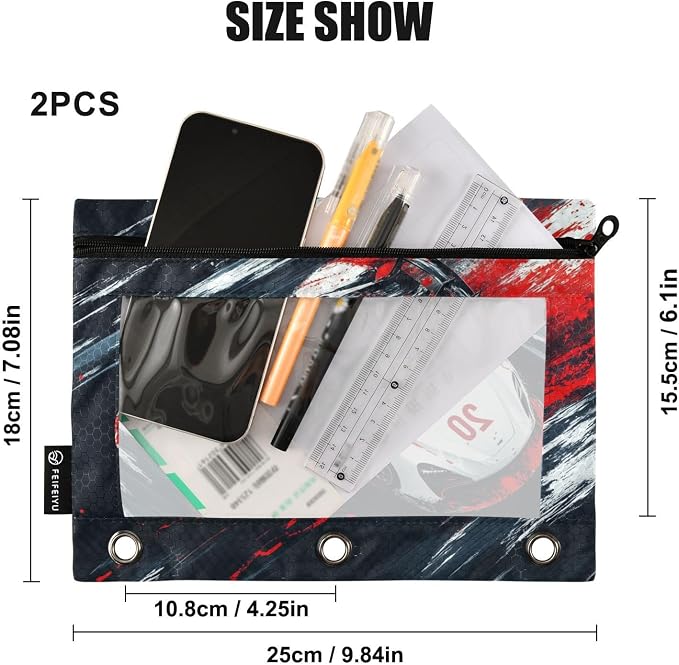 Truck Racing Car Pencil Pouch for 3 Ring Binder, 2 Pack Waterproof Pencil Bags Clear Window Zipper School Office Supplies