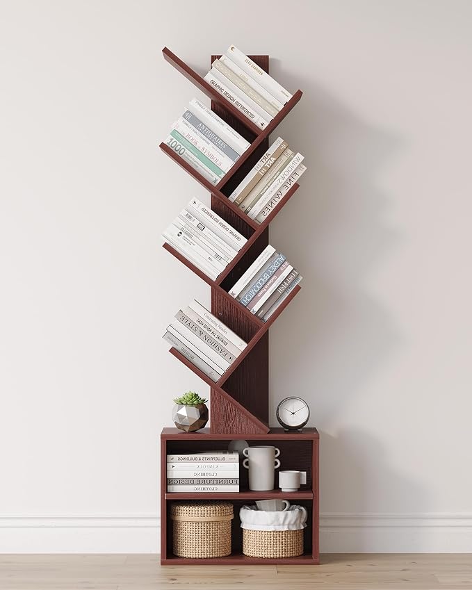 SUNMORY 6 Tier Tree Bookshelf, Tall Small Bookcase with Storage Cabinet | Narrow Bookshelves Organizer, Floor Standing Book Case Shelf for Bedroom Living Room Home Office Corner, Cherry