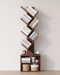 SUNMORY 6 Tier Tree Bookshelf, Tall Small Bookcase with Storage Cabinet | Narrow Bookshelves Organizer, Floor Standing Book Case Shelf for Bedroom Living Room Home Office Corner, Cherry