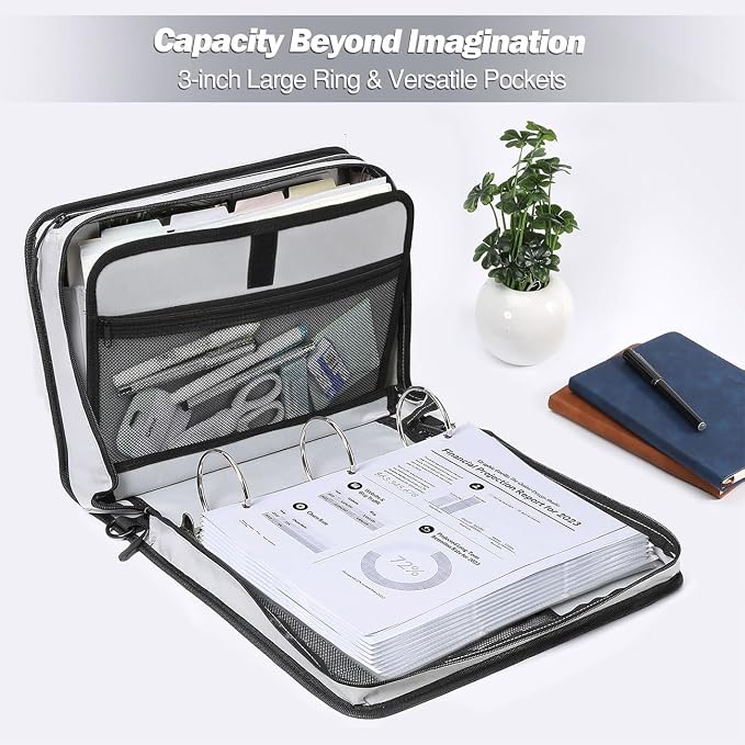 MoKo Zipper Binder with Strap, 3 Inch 3 O Ring, 600 Sheets, Black & Gray | Water-repellent nylon with 2 folders, 2 mesh pockets and a outer pockets, reinforced handle and adjustable shoulder strap.